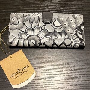 Anuschka Black & Gray Floral Leather Wallet